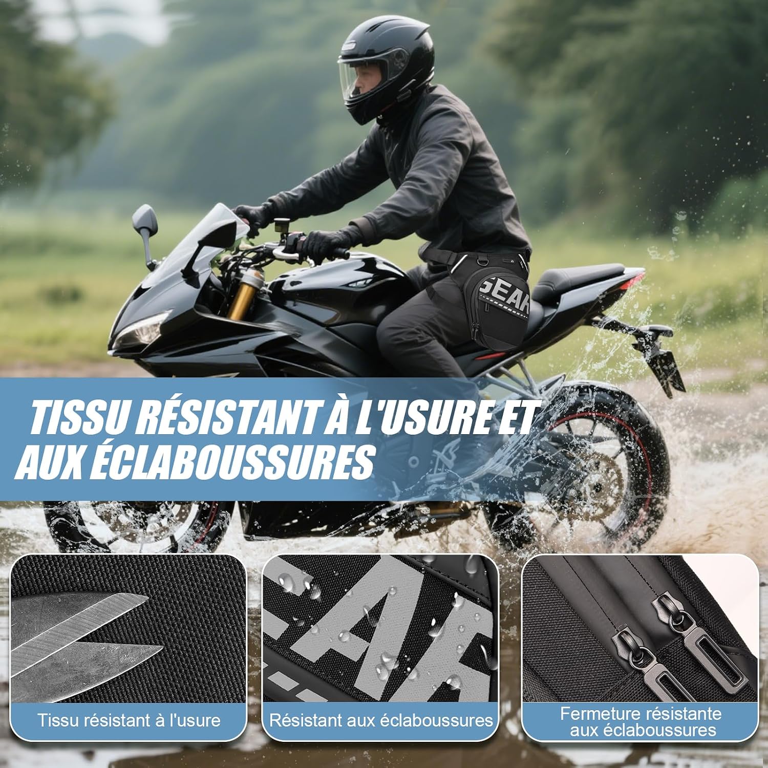Detalle de Eshow Sacoche de Jambe Moto Extensible – Bretture polyvalente et réfléchissante, avec 1 clip gourde et 2 mousquetons