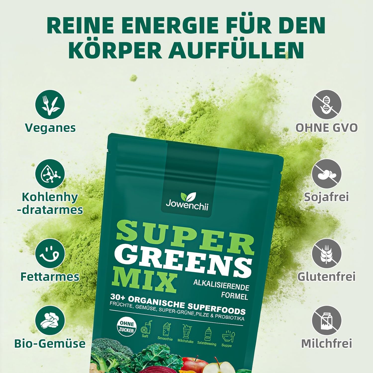 Detalle 2 de Grüne Entgiftungspulver – Grünes Superfood Pulver Helfer (33 Zutaten mit Spirulina & Chlorella)