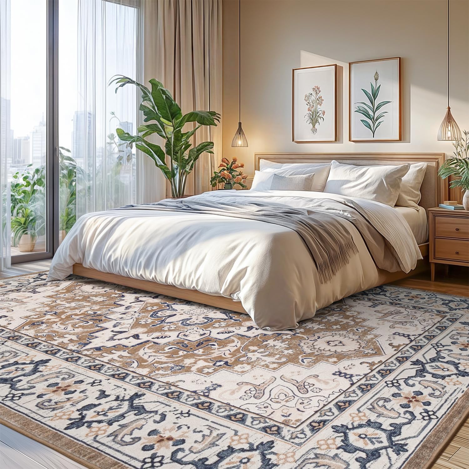 Thumbnail 4 de Lofus 8x10 Washable Vintage Boho Area Rug (Low Pile, Non-Slip) — Floral Brown