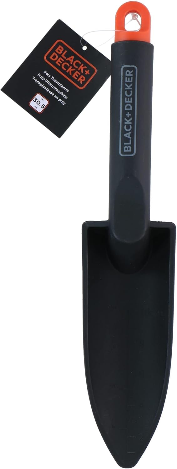 Detalle de BLACK+DECKER Pala da giardino con scala di misurazione, 30,5 cm – PP, Nero/Arancione