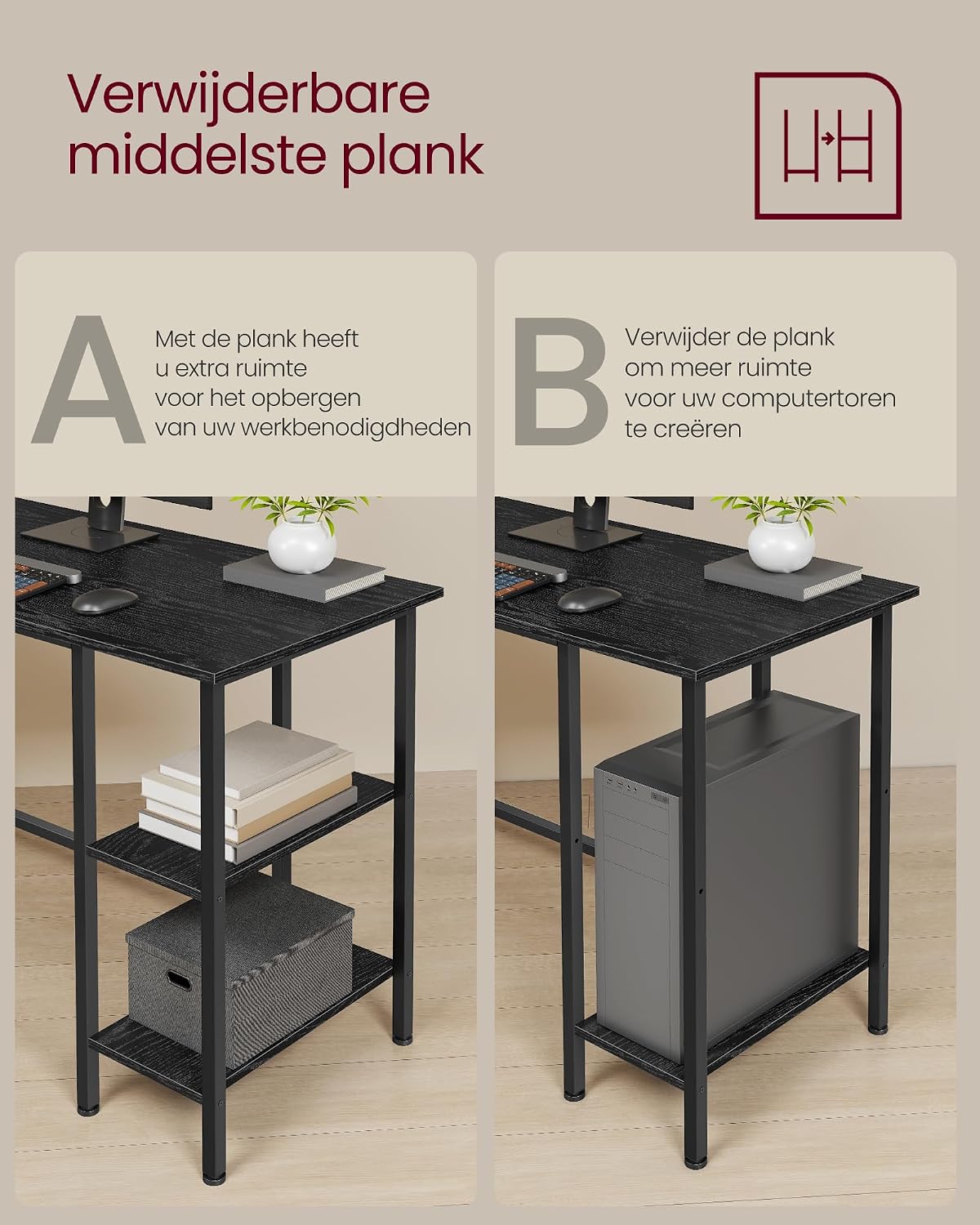 Detalle de VASAGLE BARNET LWD072B56 L-hoekbureau met 2 planken, zwart, 138 x 138 cm