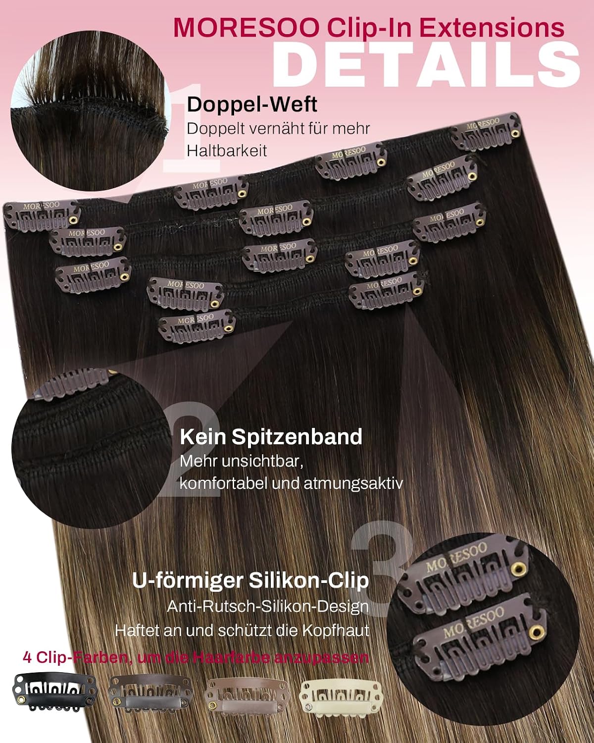 Thumbnail 3 de Moresoo Clip-in Echthaar Extensions – Salonqualität, 14 Zoll, 5 Stück in Braun- und Blondtönen