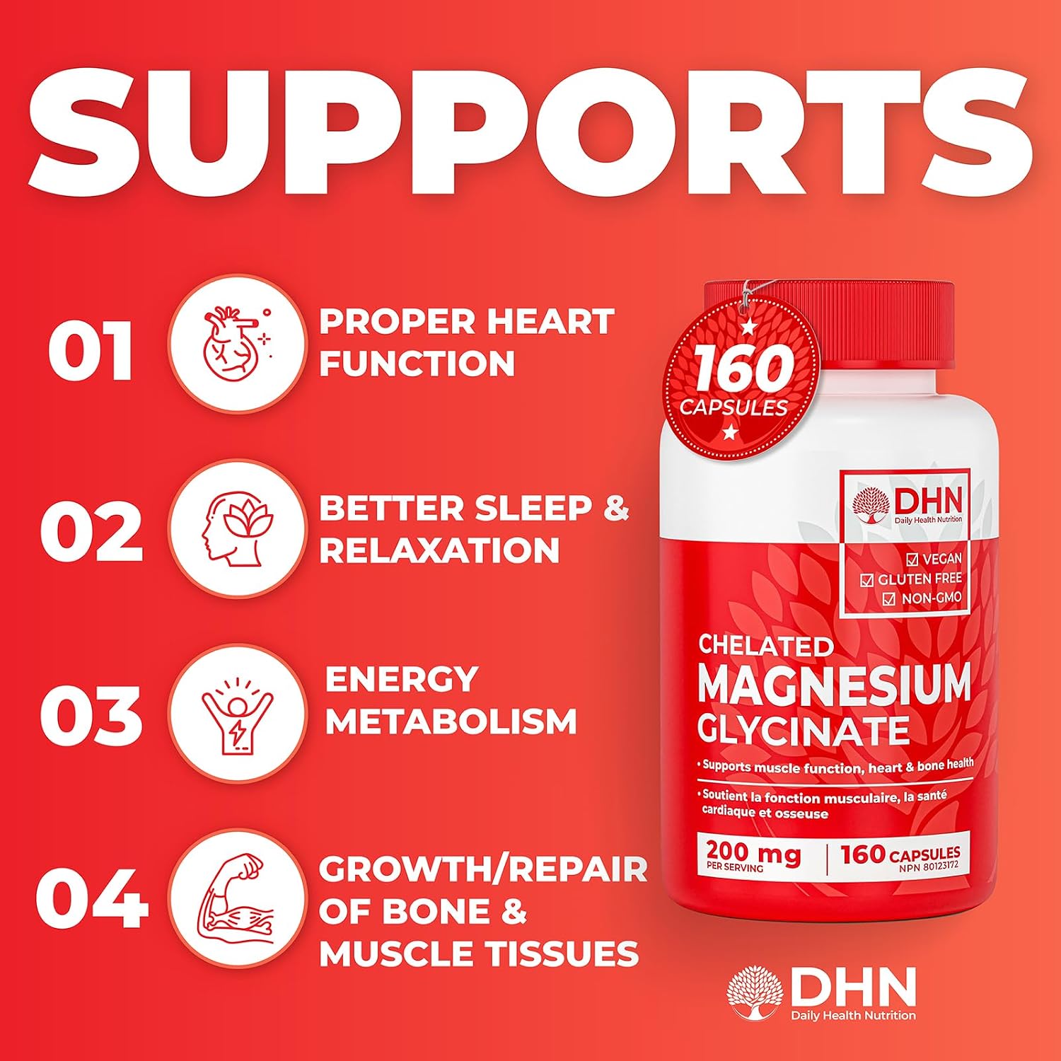 Detalle de DH Nutrition Magnesium Glycinate Capsules, 200 mg Elemental Magnesium, 160 Count