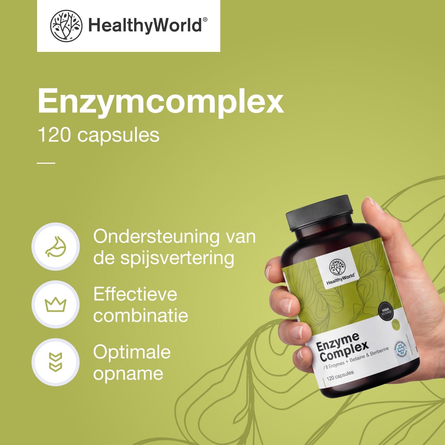 Detalle de HealthyWorld Enzymcomplex capsules met 8 enzymen, berberine en betaïne HCl