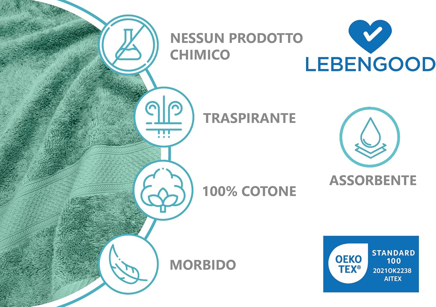 Detalle 1 de LEBENGOOD Set 4 Asciugamani 50x90 cm 100% Cotone