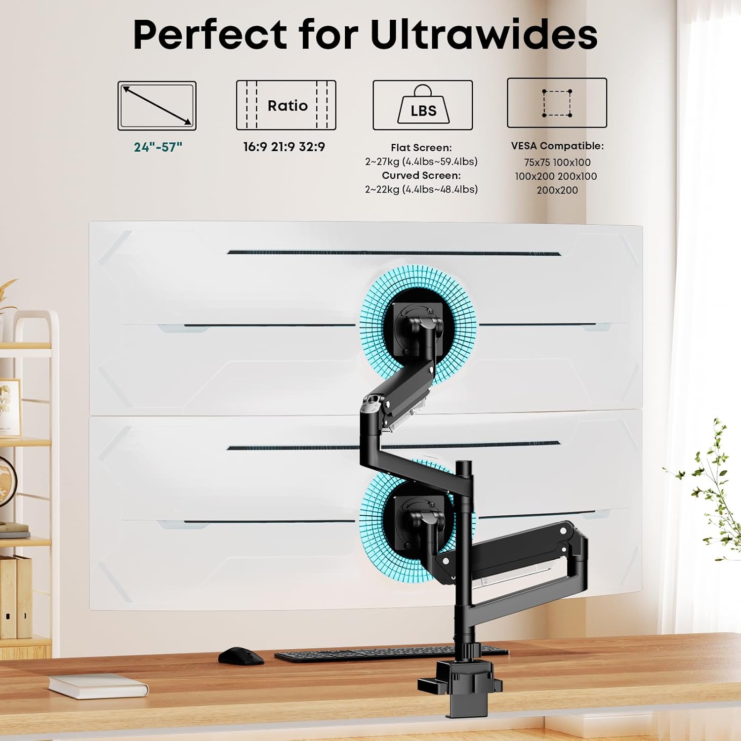 Thumbnail 2 de Dual Monitor Arm Heavy Duty (24–57in) – Aluminium stacked mount, fully adjustable vertical stand, VESA 75/100/200mm, black