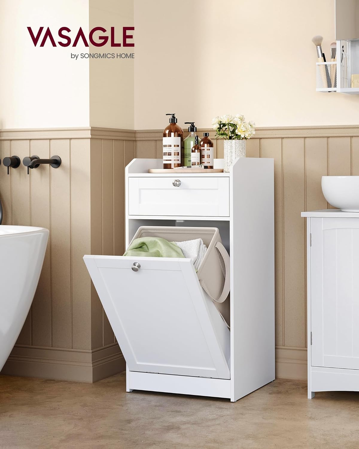 Detalle 2 de VASAGLE BBC741W01 mobile portabiancheria per bagno con cassetto e cesto estraibile, 40 x 40 x 80,2 cm