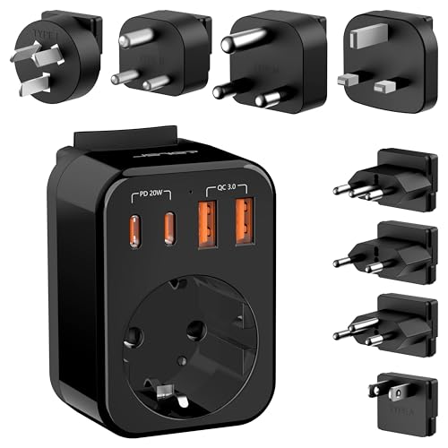 Detalle de JSVER Adaptador de viaje universal con 2 USB-C (PD 20W) y 8 enchufes reemplazables (Type D/G/C/A/I/M/L/J)