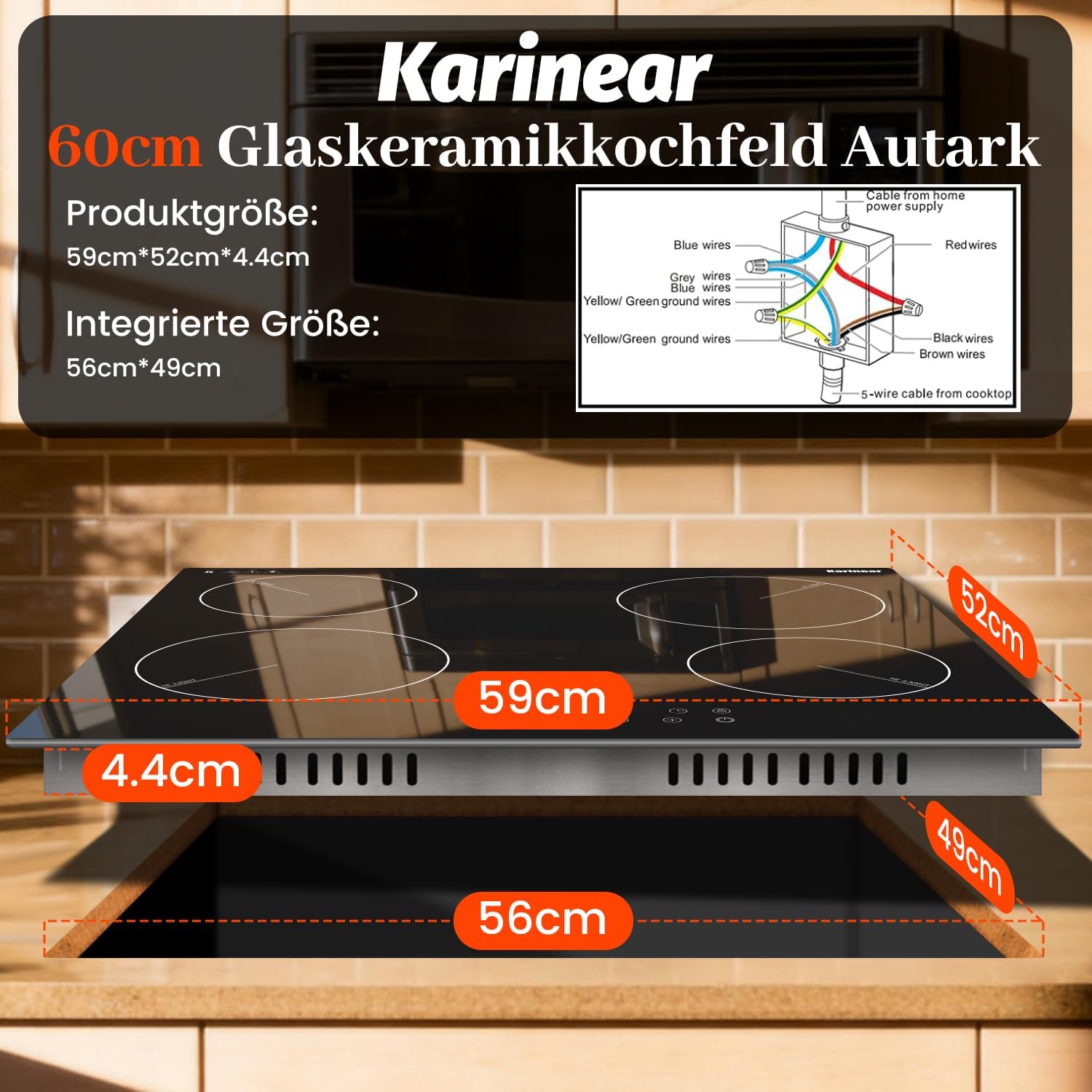 Thumbnail 6 de Karinear Glaskeramikkochfeld 4 Platten 60 cm – 6000 W Autarkes Einbaukochfeld mit Touch-Steuerung