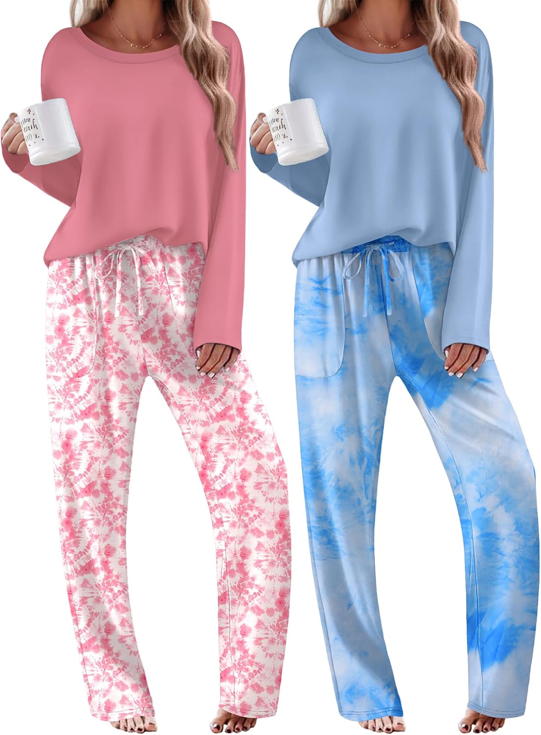 Detalle de Ekouaer 2-Pack Women's Pajama Sets with Long Sleeves, Pockets & Drawstring Pants