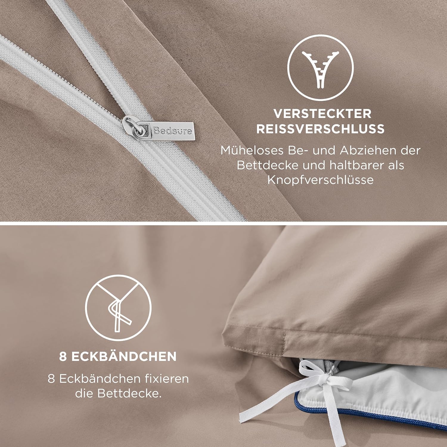 Detalle de BEDSURE Bettwäsche 220x240 Baumwolle Khaki – 3-teiliges Set mit Reißverschluss, OEKO-TEX zertifiziert