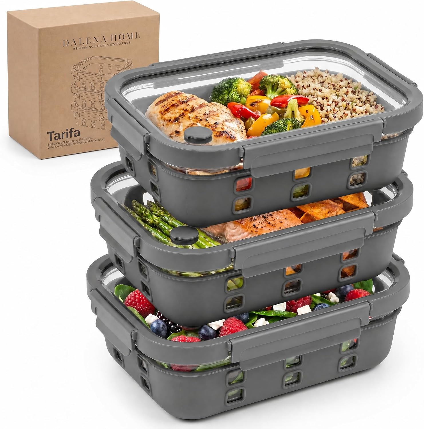 Detalle de Dalena Home Tarifa mealprepboxen, 3 x 1.520 ml, glazen deksel en siliconen hoes