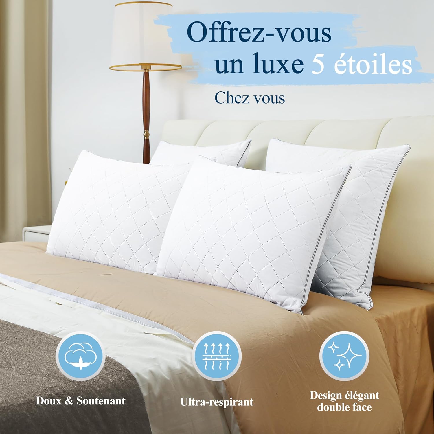 Detalle 2 de Orange Wave Oreillers 65x65 cm – Lot de 2, hypoallergéniques et moelleux