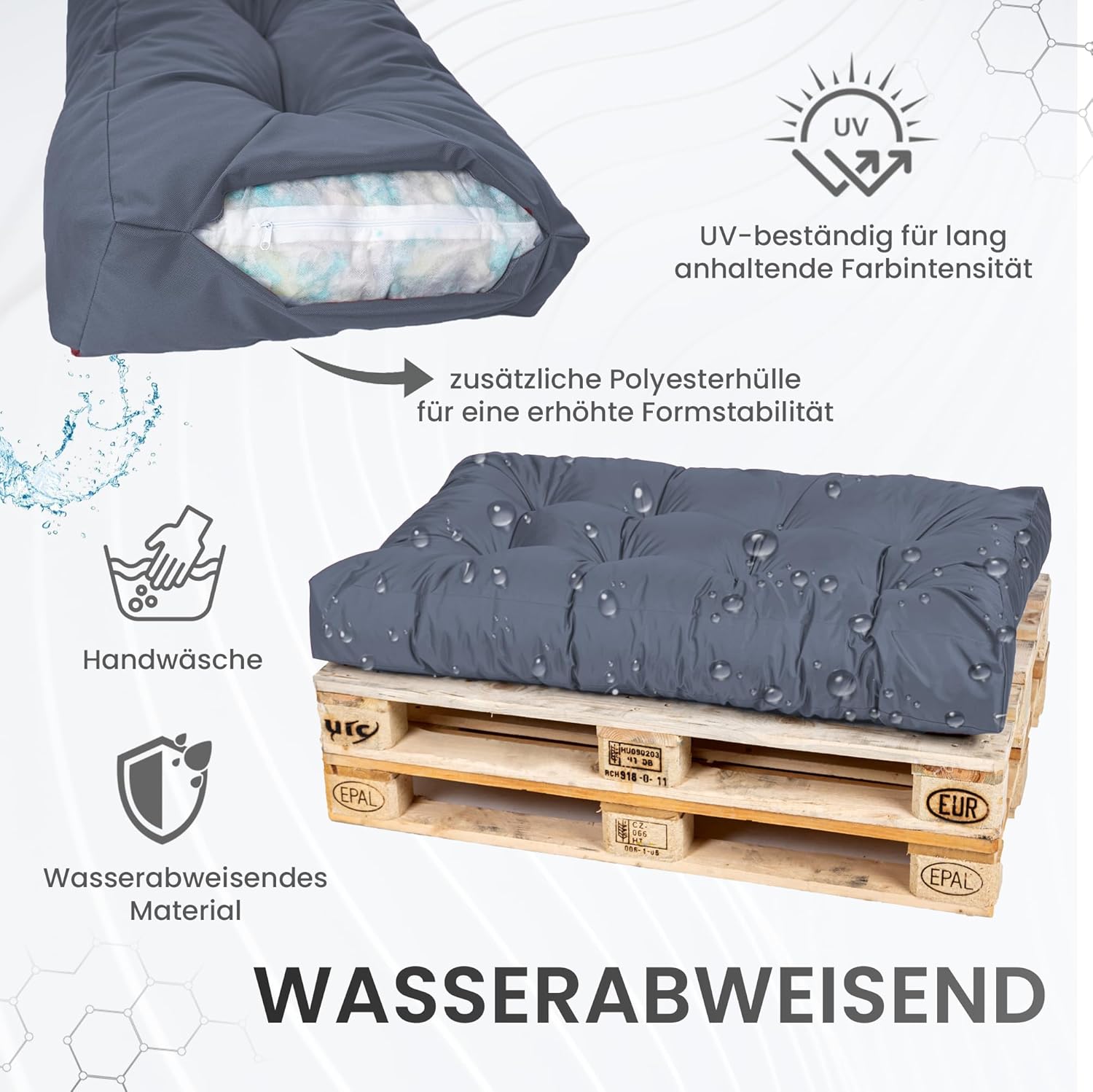 Detalle de TexDeko® Garden Palettenkissen 120x80x18 cm wasserabweisend & UV-beständig (7-teilig) – Sitzkissen für Europaletten, Grau
