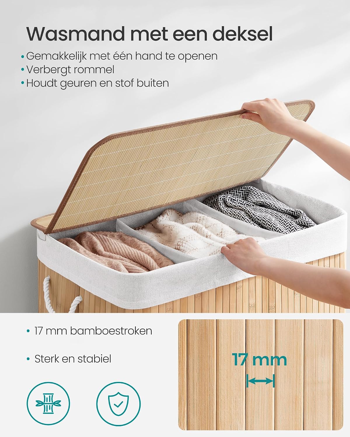 Detalle de SONGMICS RONEX Collection LCB091N01 wasmand 150 liter met 3 vakken en bamboe
