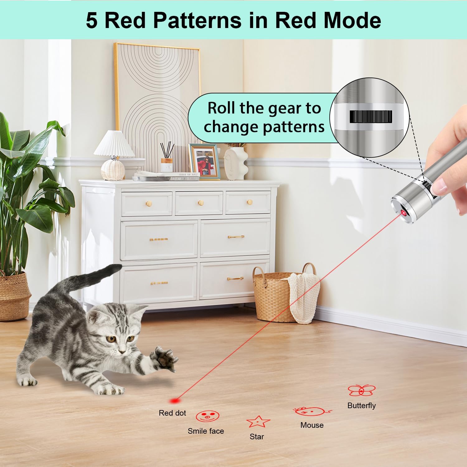Detalle de TBTeek Cat Toys, Rechargeable: 7-in-1 Modes, 5 Red Patterns, 3 Light Modes