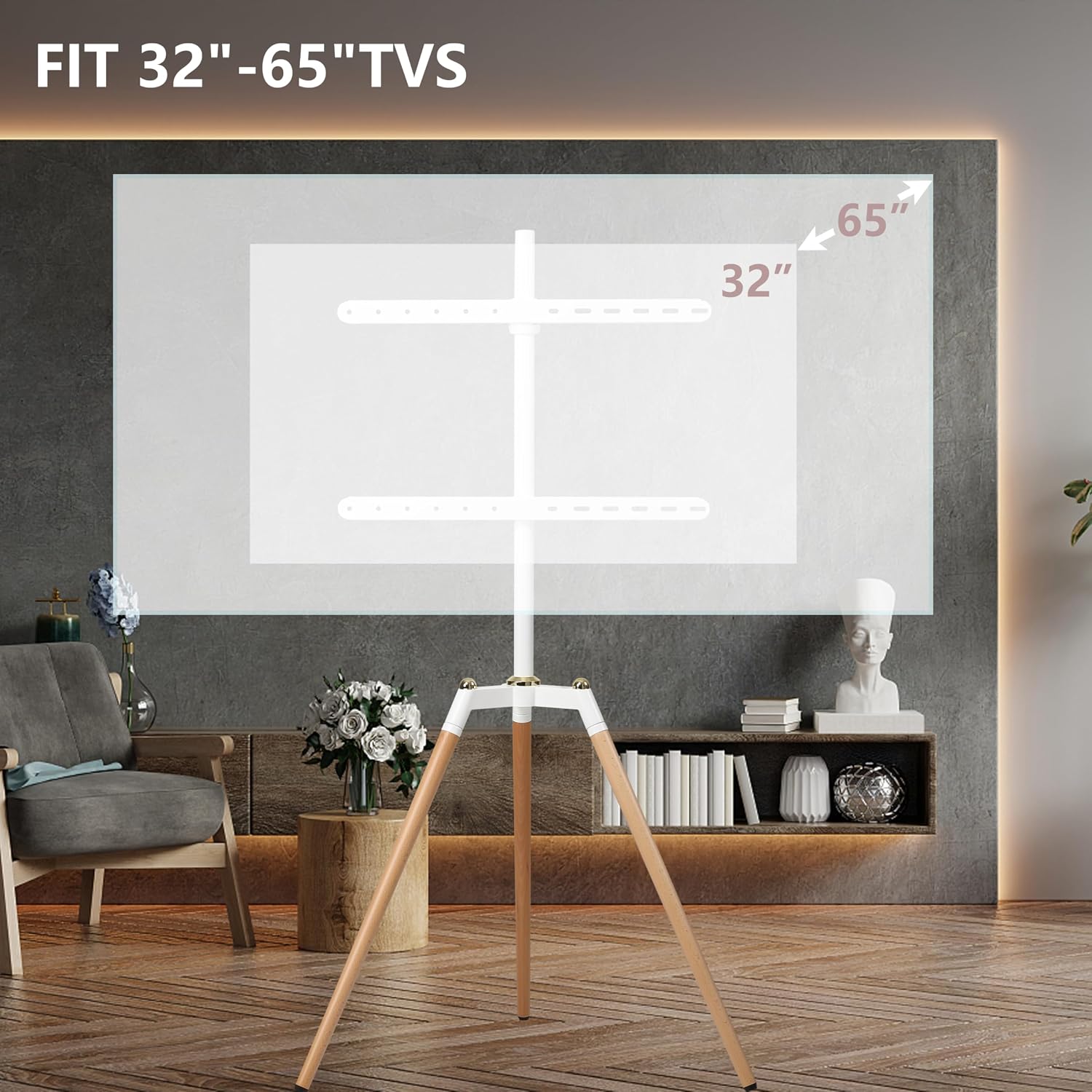 Thumbnail 1 de ETHU Tripod Easel TV Stand for 32–65 inch TVs with Height Adjustable Swivel & Beech Wood Legs (VESA 400x400, up to 40kg)