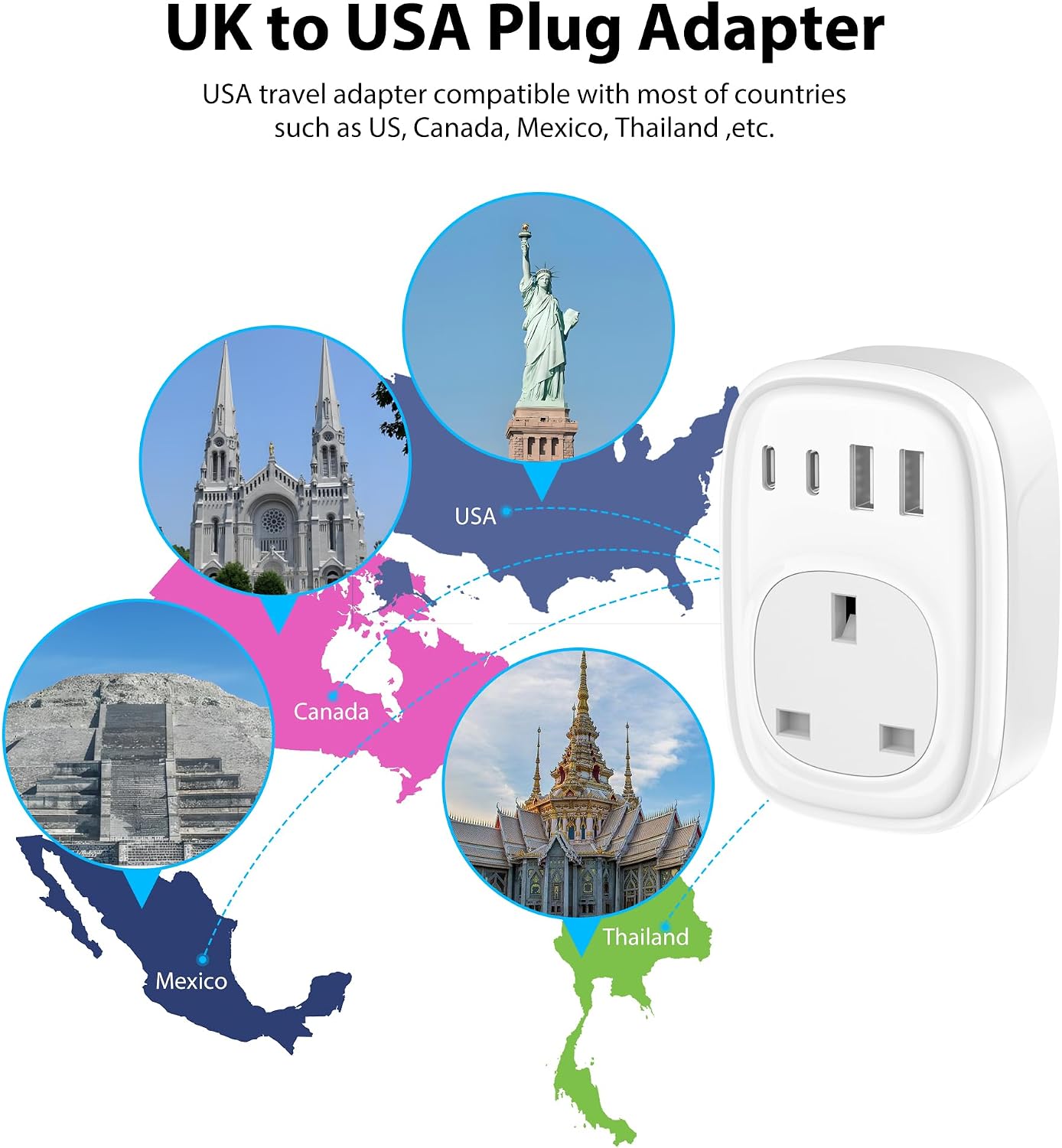 Detalle de Tusreda UK to US Plug Adaptor: 4-in-1 Travel Charger with USB-C & USB Ports