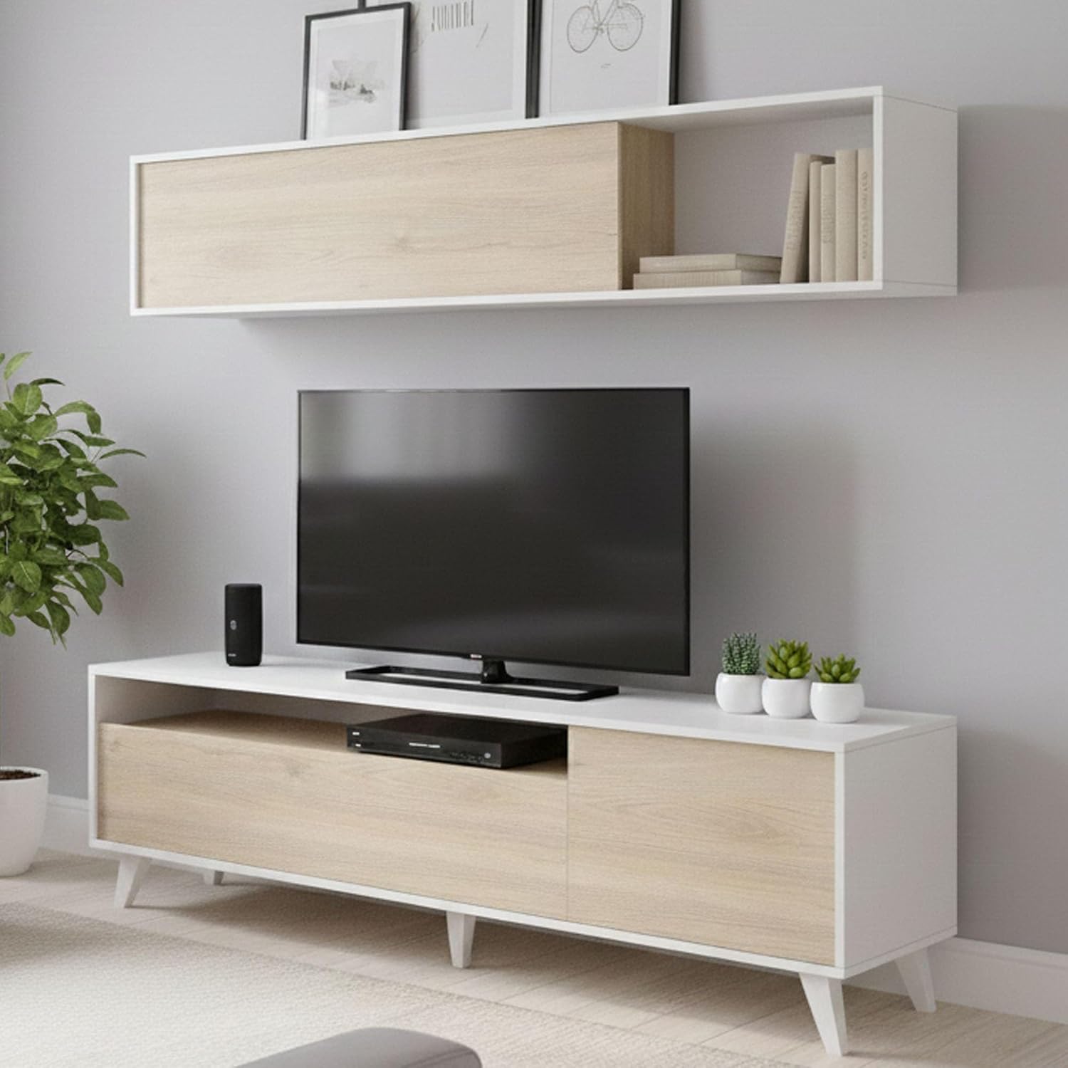 Detalle de Dmora Parete Attrezzata Tambo – Composizione soggiorno 180x41 h180 cm, Bianco e Rovere