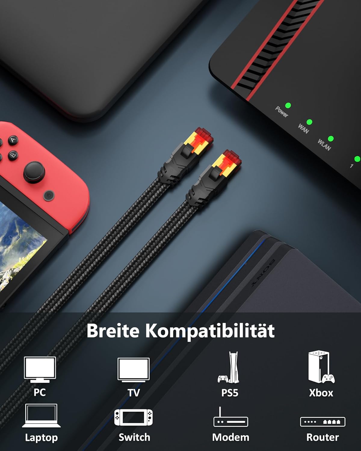 Thumbnail 6 de Tesmax Cat 8 LAN Kabel 2 m – 2 Stück, S/FTP, 40 Gbps, 2000 MHz, RJ45, flach, Nylon Geflochten, ideal für PS5, Switch und Steam Deck