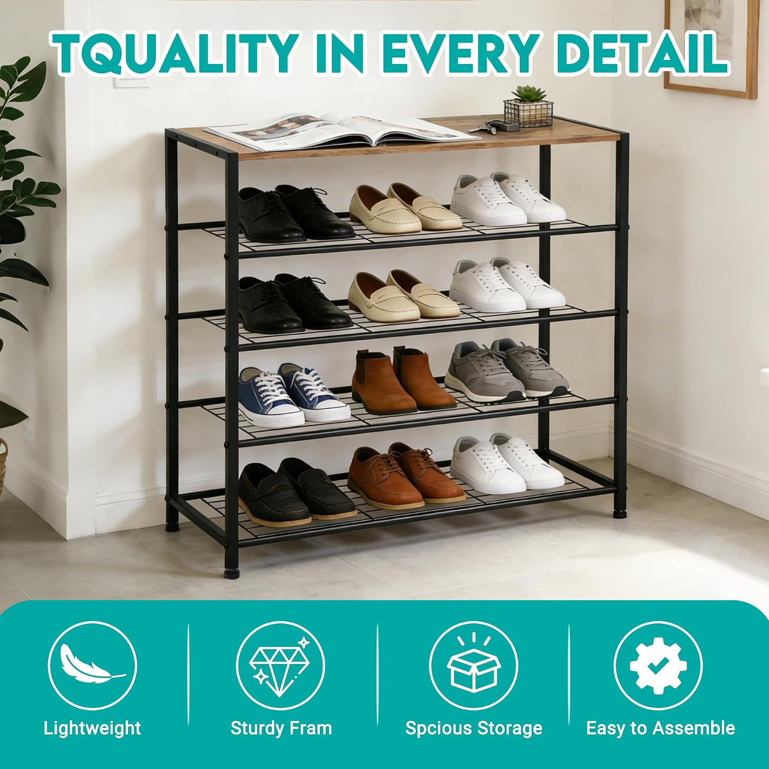 Detalle 2 de ZOESTORAGE Schuhregal 5 Ebenen mit Sitzgelegenheit – robustes Metallregal mit rustikalbrauner Sitzfläche, 60 × 30 × 85 cm