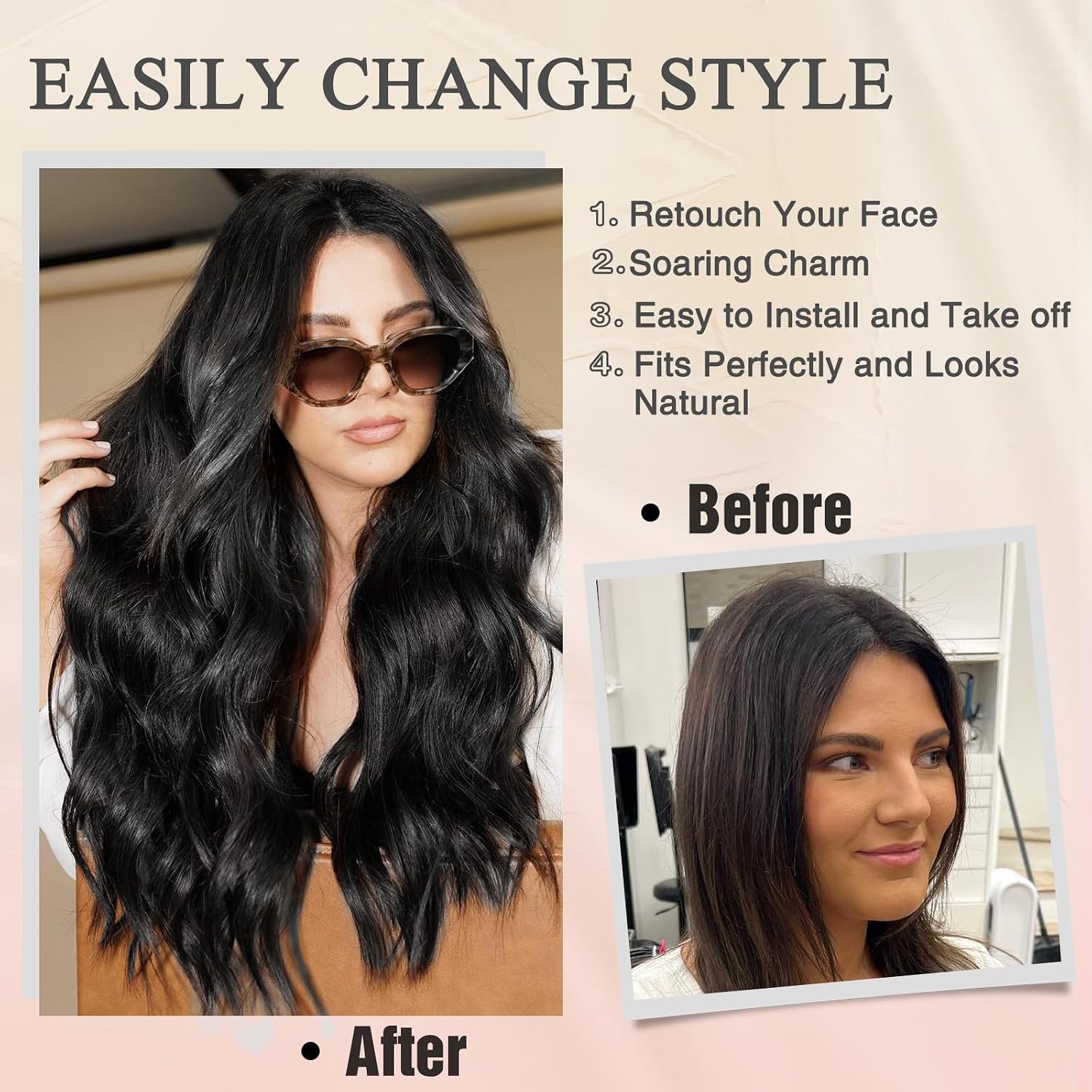 Detalle de NAYOO 229219 26-Inch Long Wavy Black Synthetic Wig with Middle Part