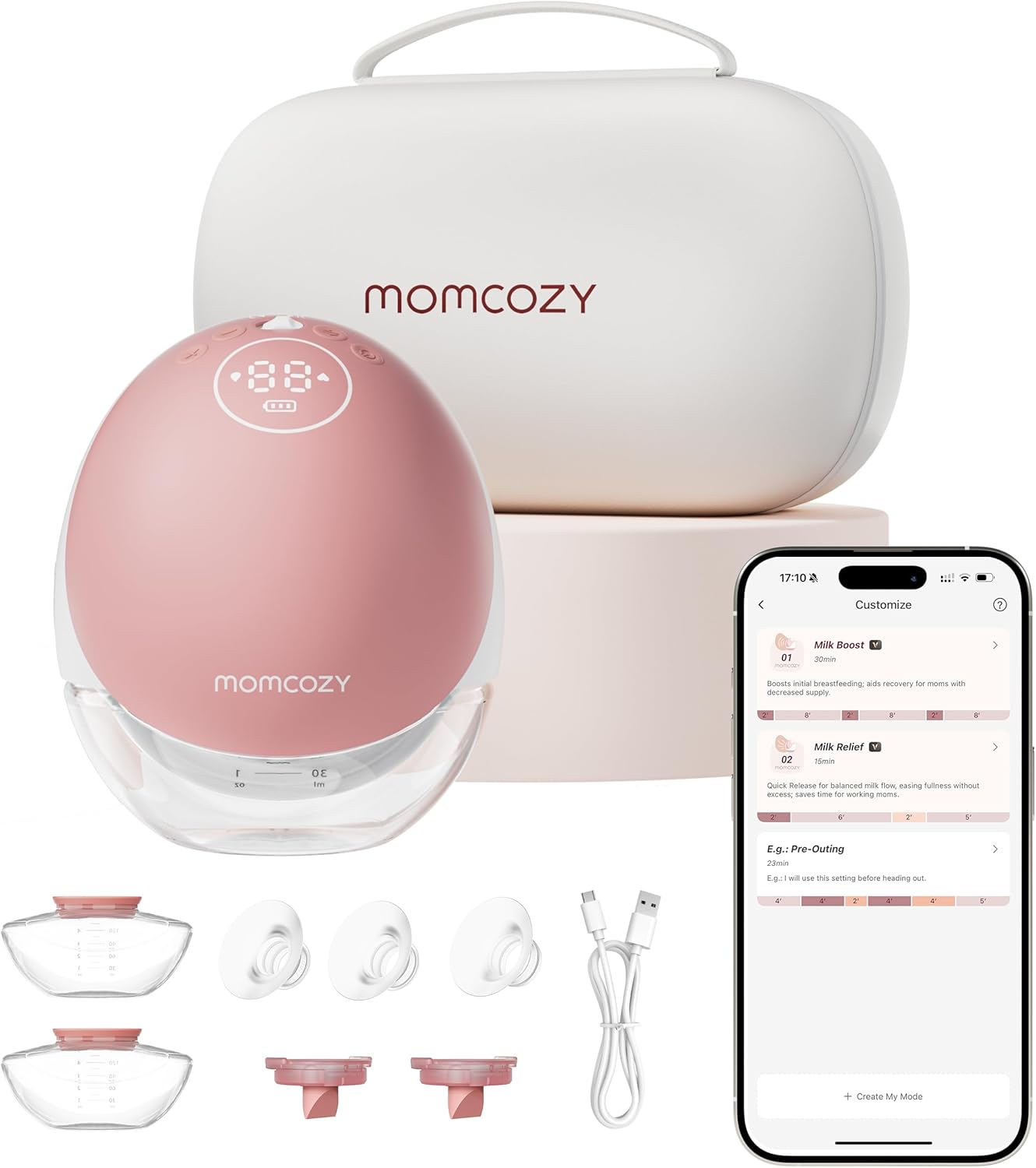 Detalle de Momcozy Hands Free Breast Pump Mobile Flow M9 Upgrade (Cozy Red, 24mm) – App-Controlled, Wearable