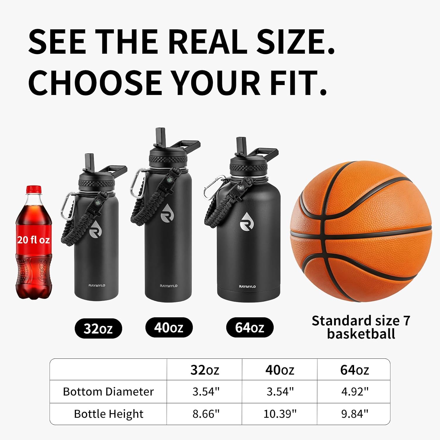 Detalle de RAYMYLO 64 oz Insulated Stainless Steel Bottle with Triple-Wall Vacuum, Leak-Proof Lids, and Paracord Handle