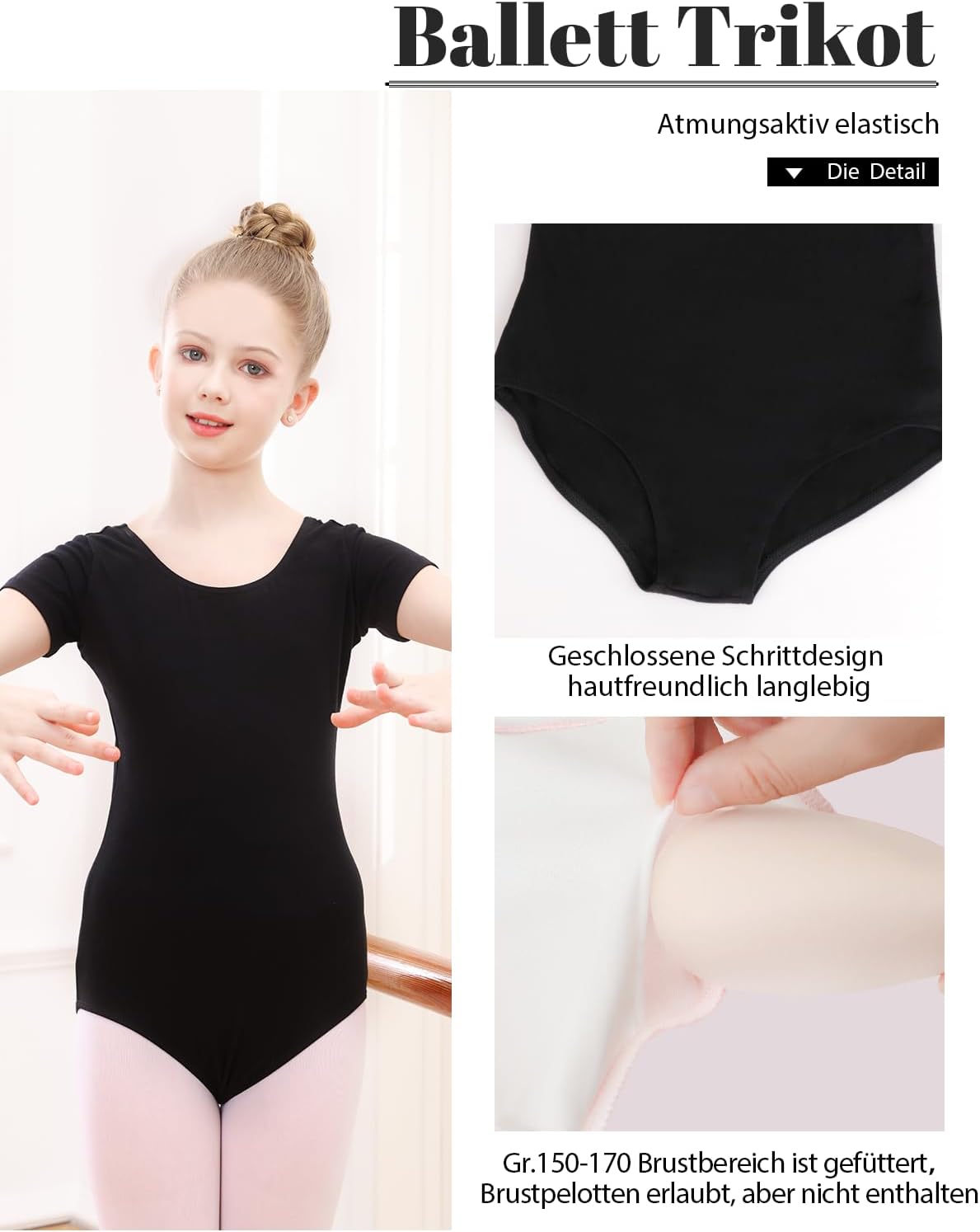 Thumbnail 3 de Kefiyis body danza classica bambina in cotone con manica corta, taglie 110–170