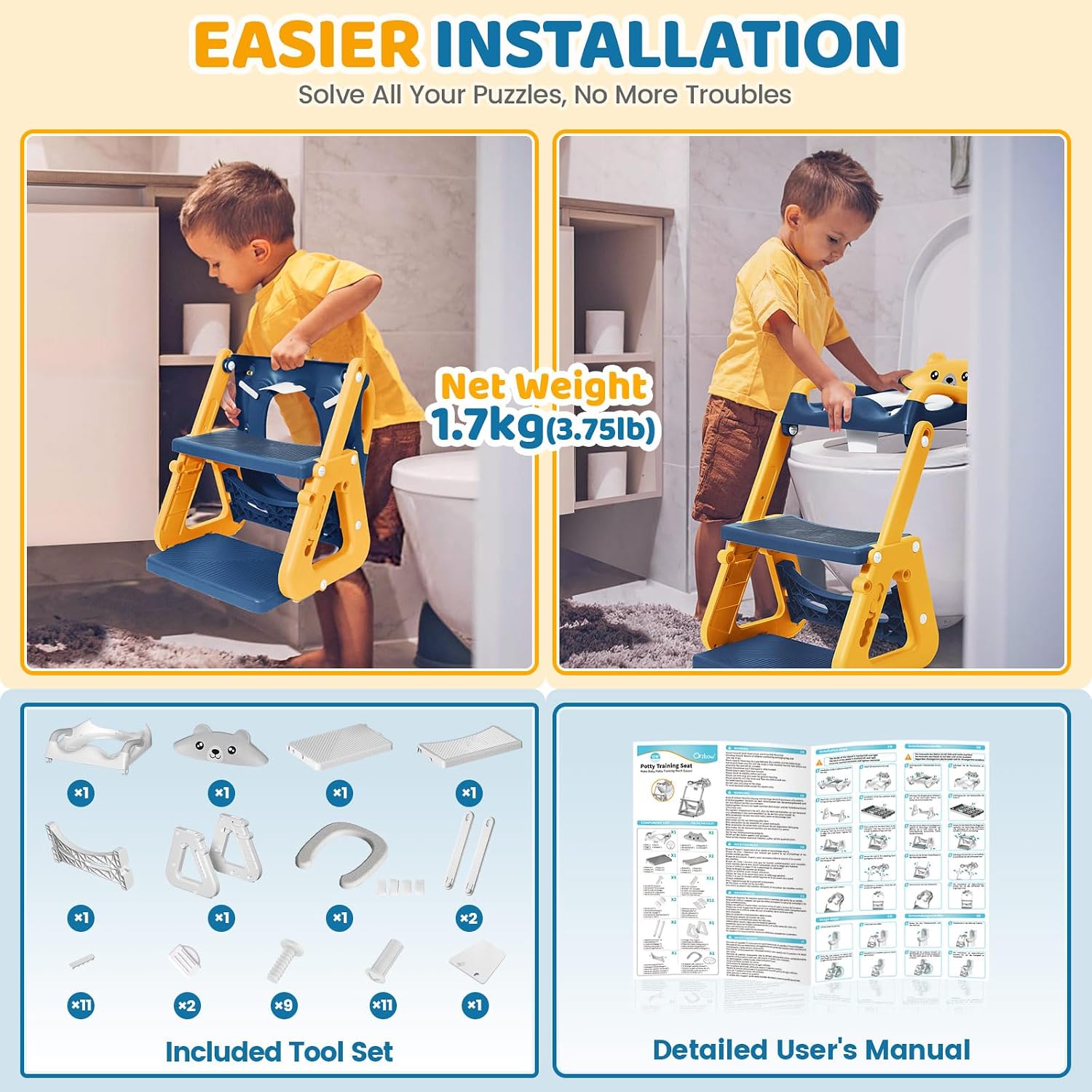 Detalle de Orzbow Toilettensitz für Kinder mit Leiter – stabiler WC-Reduktion mit Treppe, Spritzschutz & rutschfester Oberfläche