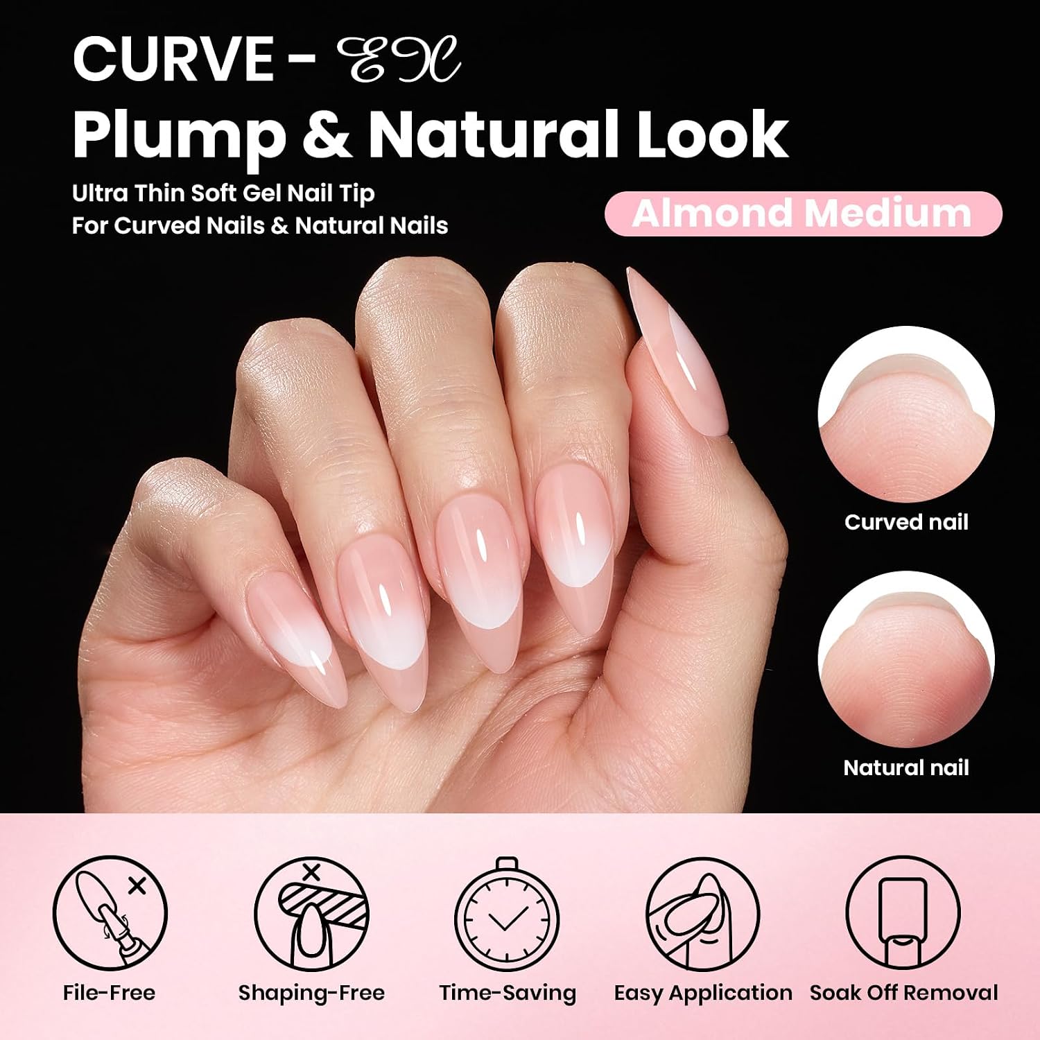 Thumbnail 2 de Beetles Curve-EX Almond Medium Nail Tip Kit, 320 Tips, Glue Gel & Mini Lamp