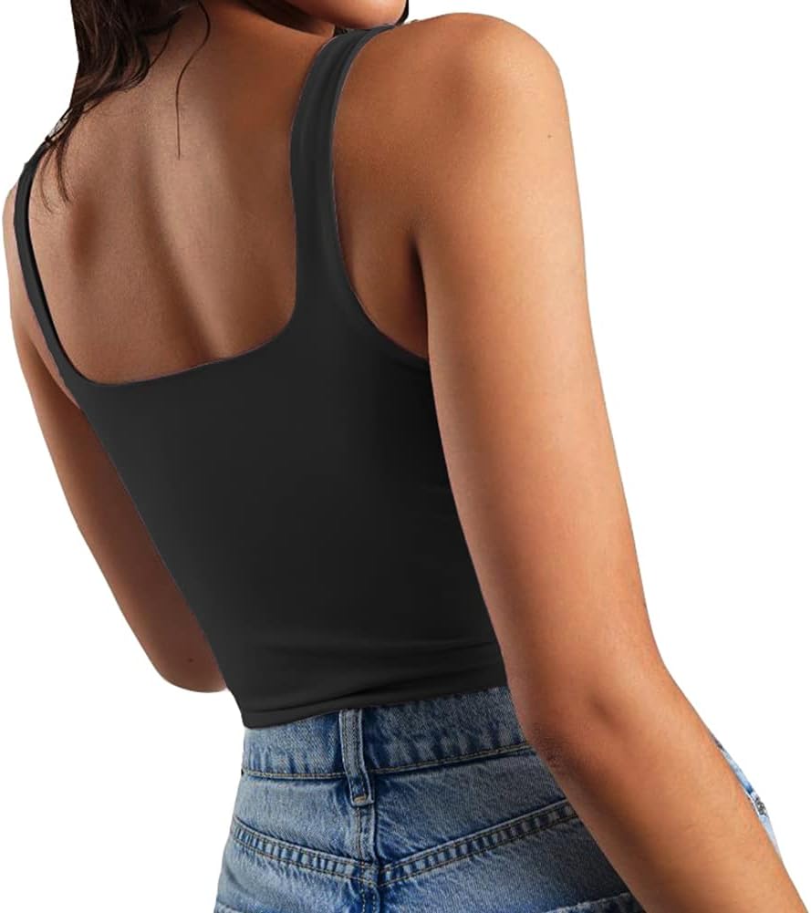 Detalle 2 de Artfish Women’s Double-Layer Strappy Tank Crop Top (Square Neck, Sleeveless)