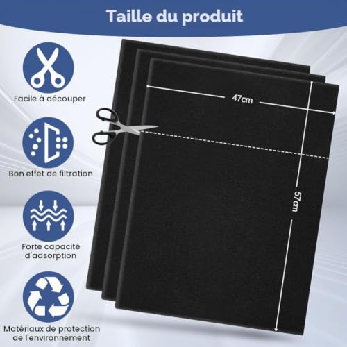 Detalle de AYESY Filtre Hotte – kit 3 filtres éponge charbon actif, adaptables 57 cm x 47 cm