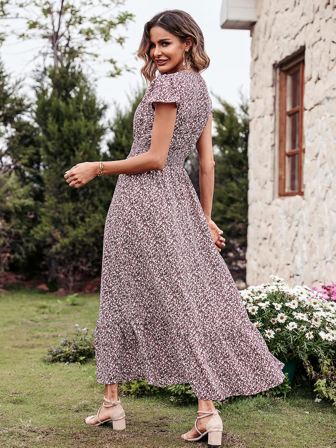 Detalle de PRETTYGARDEN 2026 Summer Maxi Dress — Boho Swiss Dot V-Neck with Ruffles