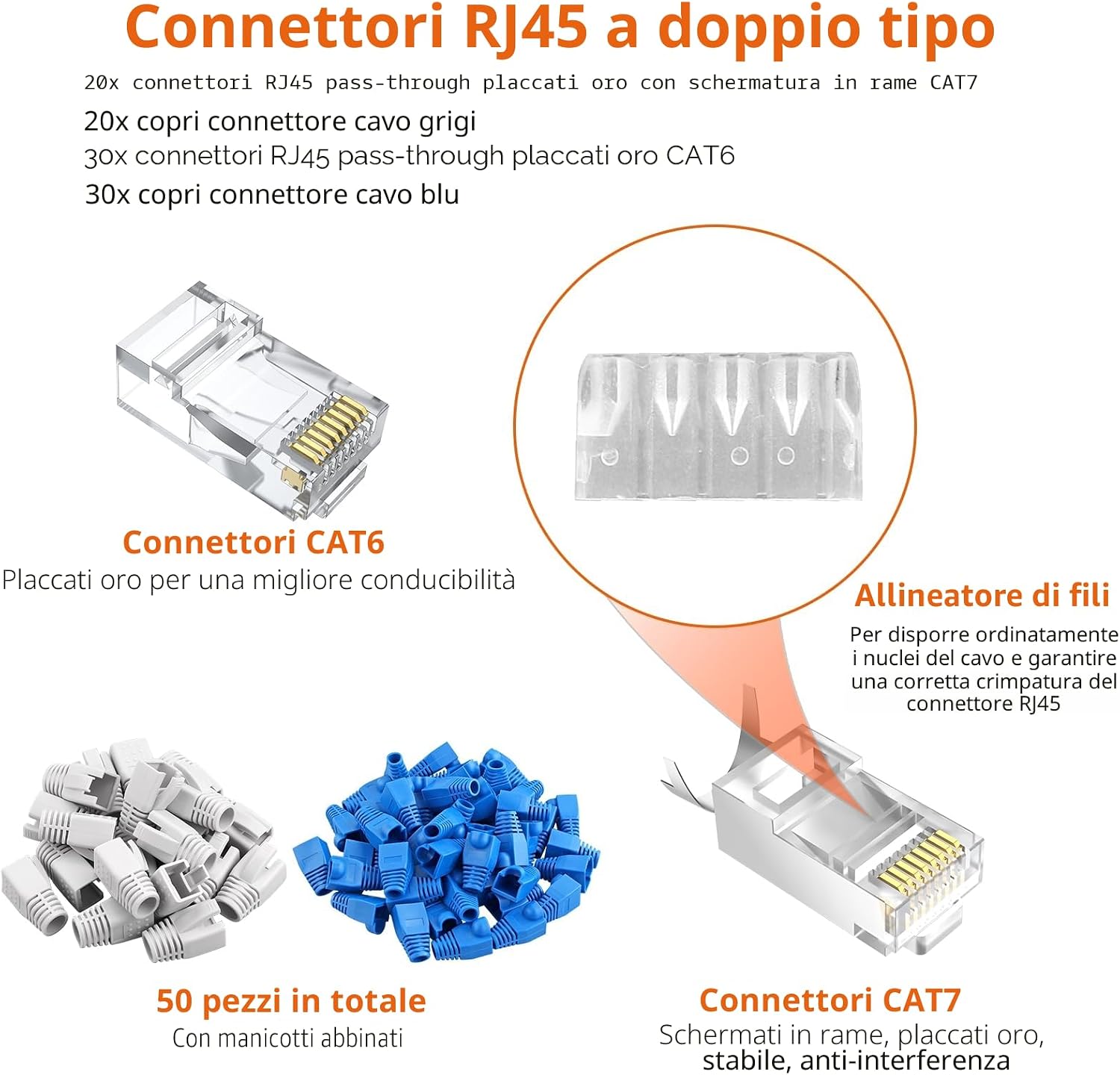 Detalle 2 de Proster pinza crimpatrice RJ45 CAT7 con passante e kit completo (20 connettori + tester di rete ricaricabile)