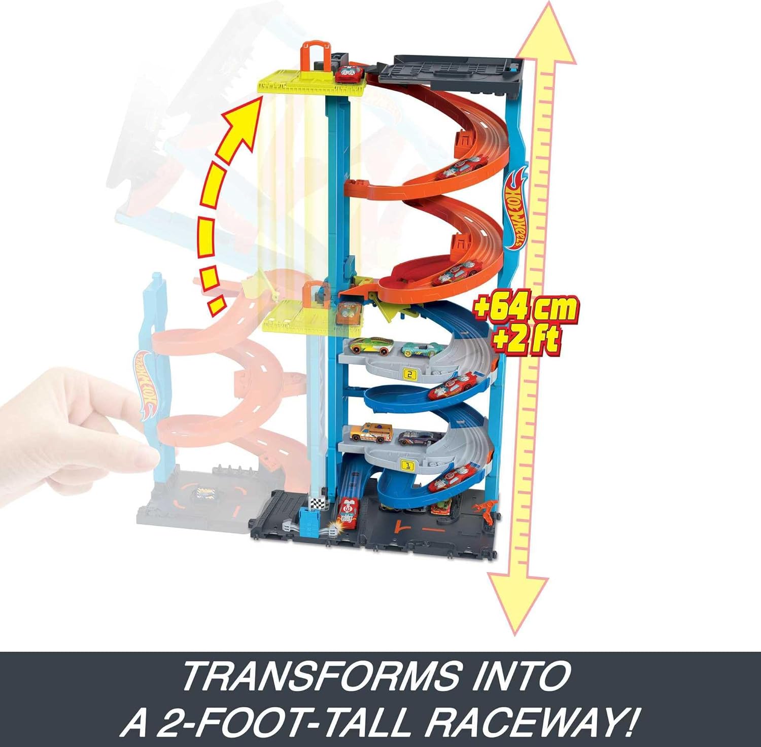 Detalle 2 de Hot Wheels City Trackset 2-in-1 Rennturm mit 1 Hot Wheels Auto (HKX43) – Umwandlung von Einzelbahn zu zweispuriger Rennbahn