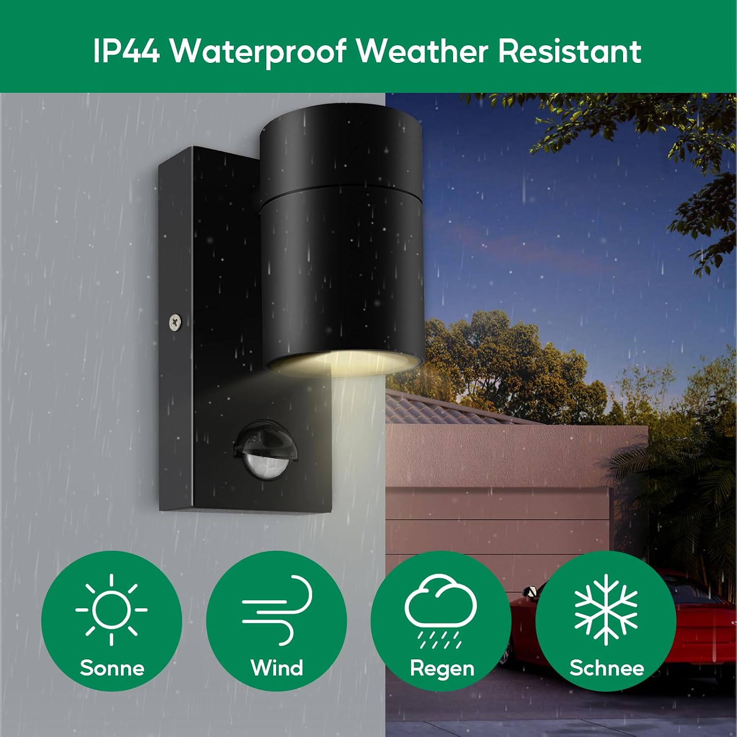Detalle de Kerry Outdoor Motion Sensor Wall Lights (PIR) – IP44 Black Stainless Steel Downlights for Mains Power