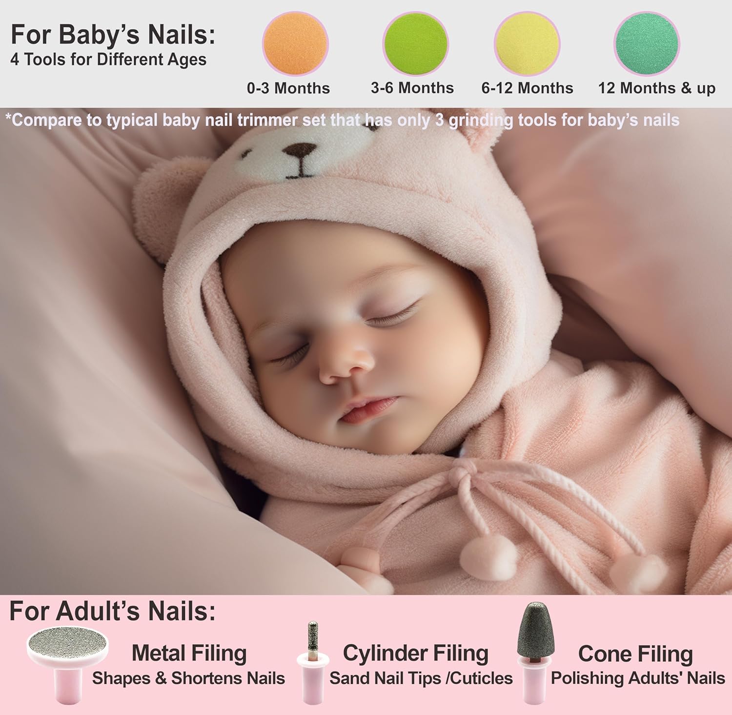Detalle de ROYAL ANGELS Baby-Nagelfeile 21 in 1 (rosa) mit 13 Ersatzaufsätzen – für Baby-Nägel, Zehen und Polieren