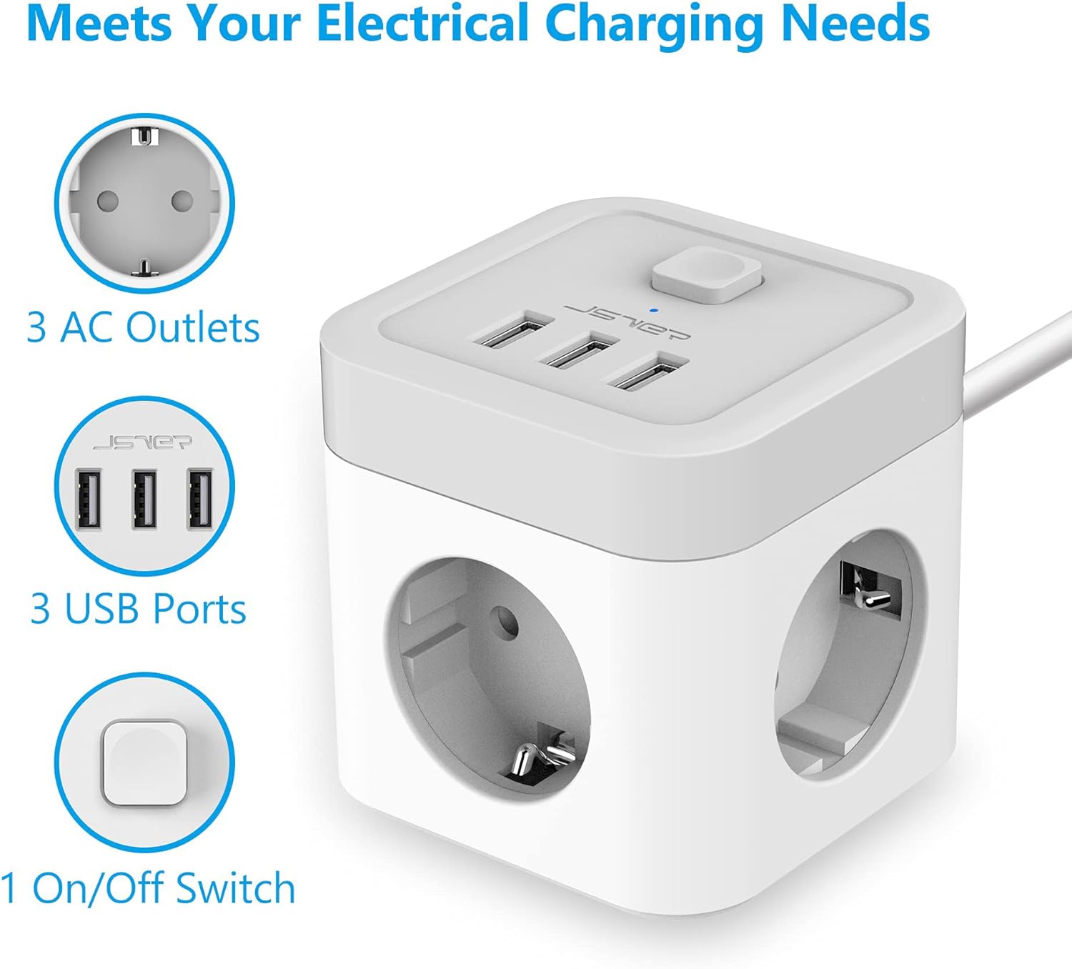 Thumbnail 1 de JSVER Multipresa Cubo USB 3 prese Schuko + 3 USB (3680 W, 16 A) con interruttore, cavo 1,5 m – compatta e sicura per casa, ufficio e viaggio