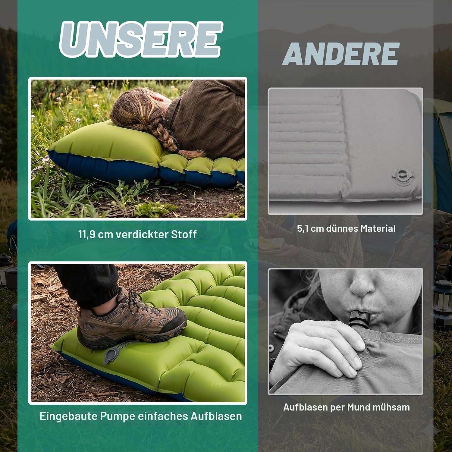 Detalle de OVERMONT Ultraleichte Isomatte – 12 cm Dicke, aufblasbare Campingmatte, 190×70 cm