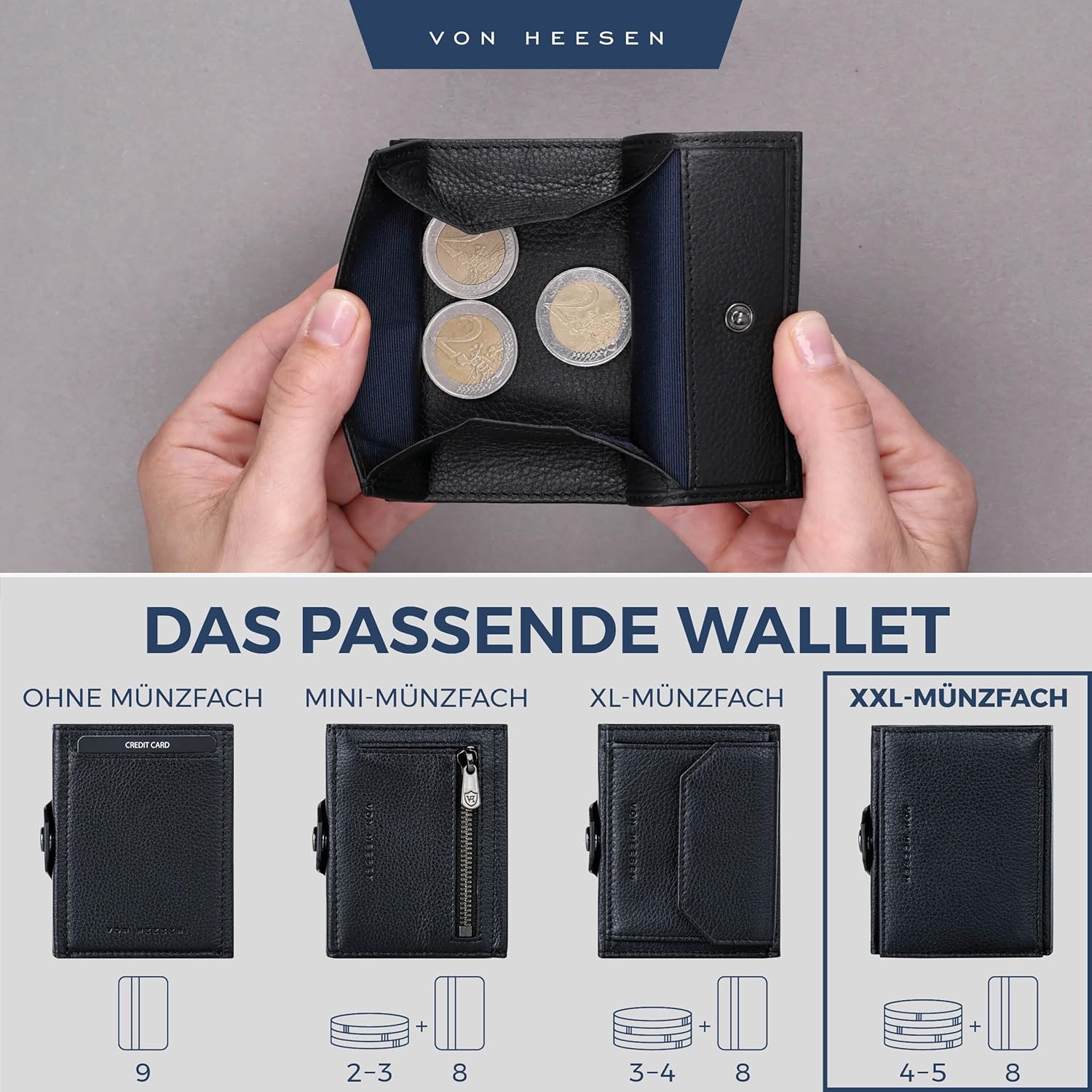 Thumbnail 5 de VON HEESEN Slim Wallet mit XXL Münzfach & RFID-Schutz – Leder Kartenetui im Schwarz-Design