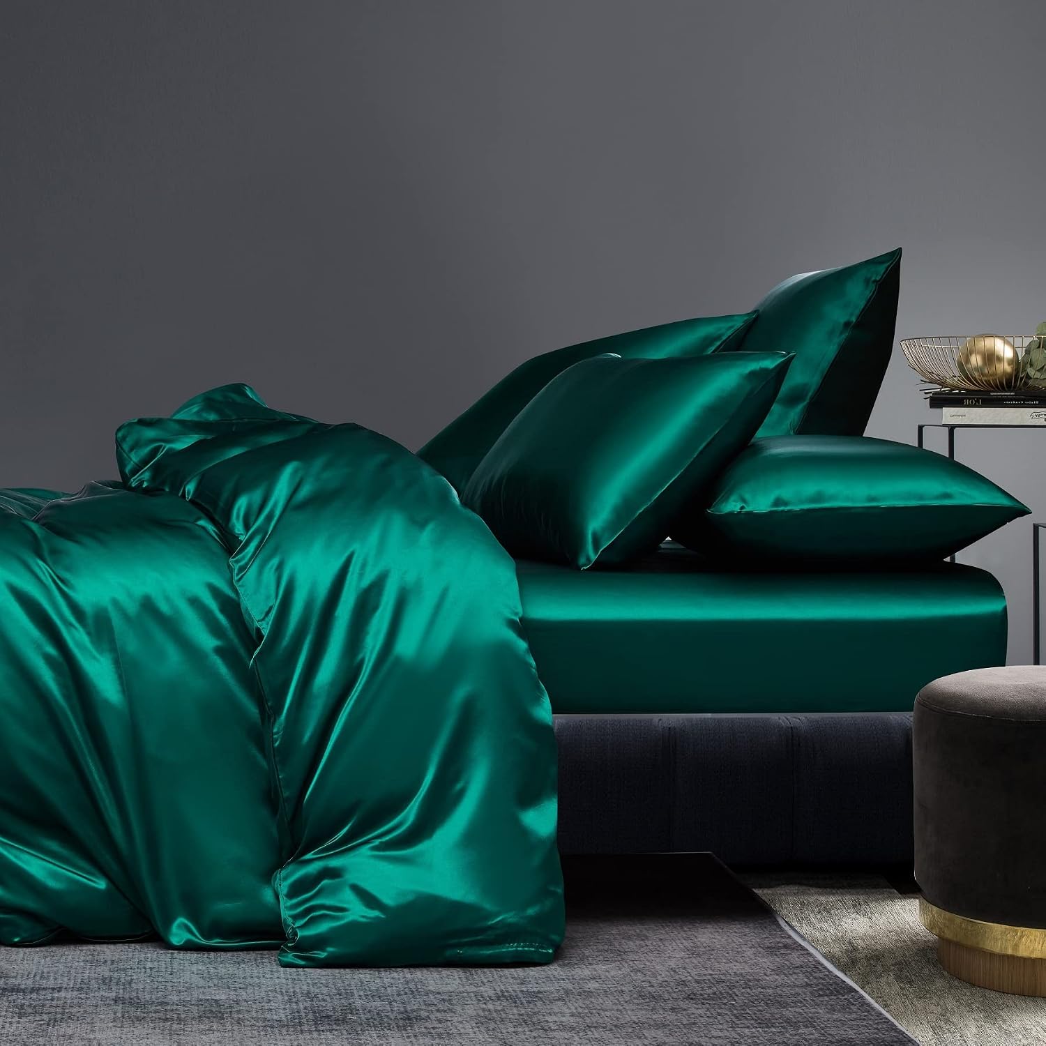 Detalle de Luofanfei Housse de Couette 240x260 Vert foncé Satin – Parure Unie 2 Personnes avec 2 Taies 65x65 cm