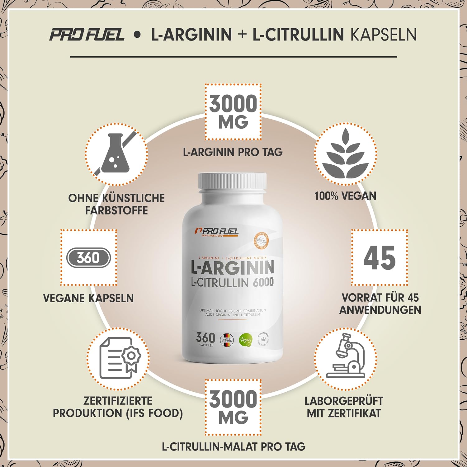 Detalle 2 de L‑Arginin + L‑Citrullin‑Malat 360 Kapseln — 6000 mg täglich 💊