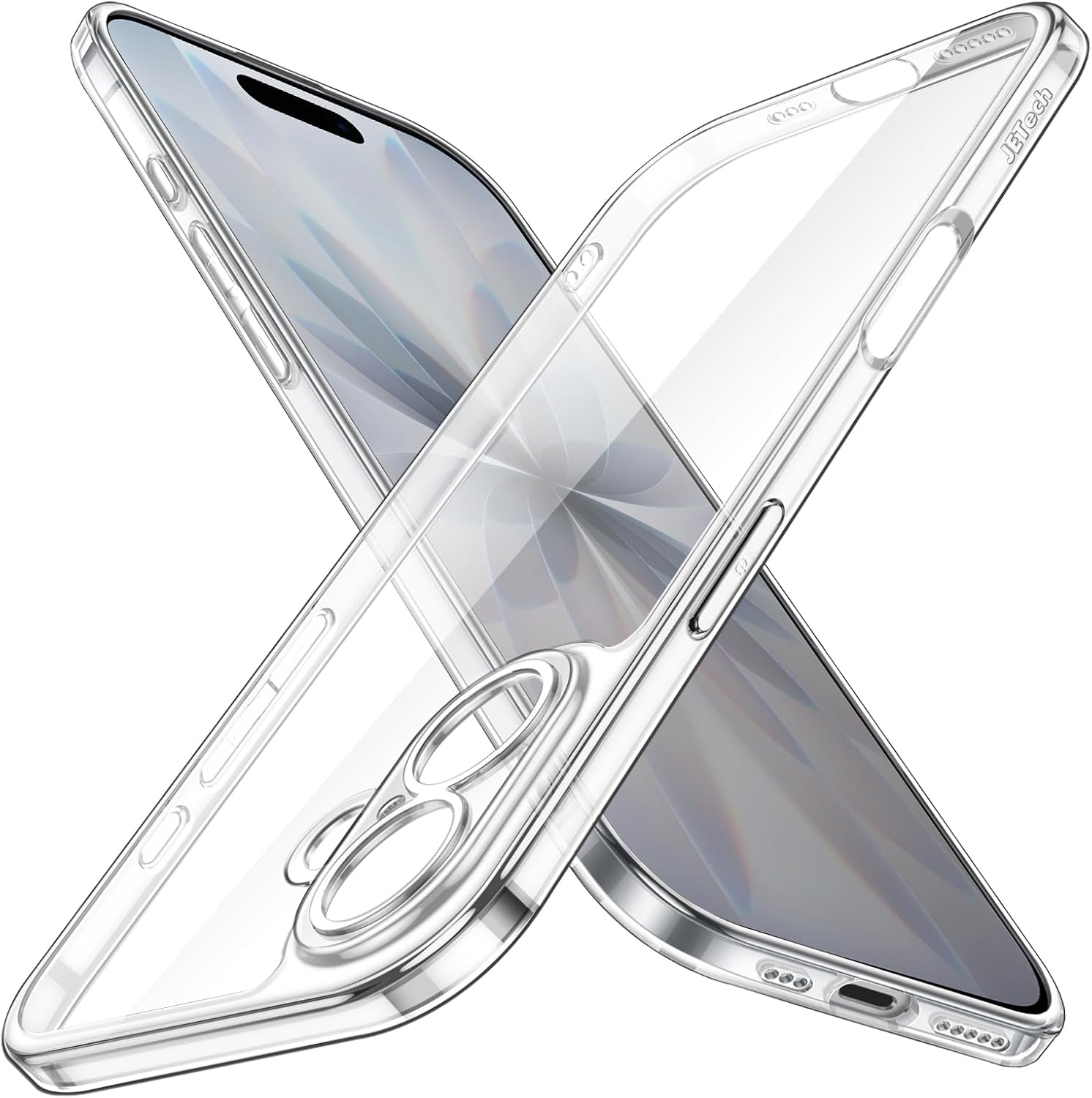 Detalle de JETech tunt skal för iPhone 17, klart med upphöjda kamerakanter
