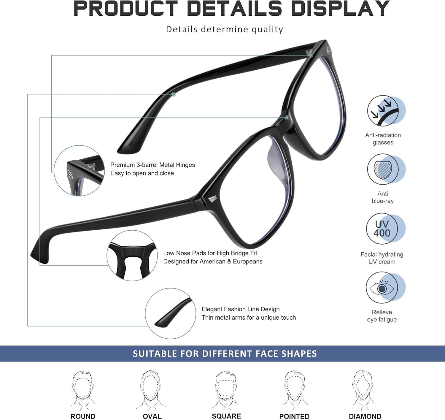 Detalle de Jectieey Reading Glasses with Polycarbonate Lenses