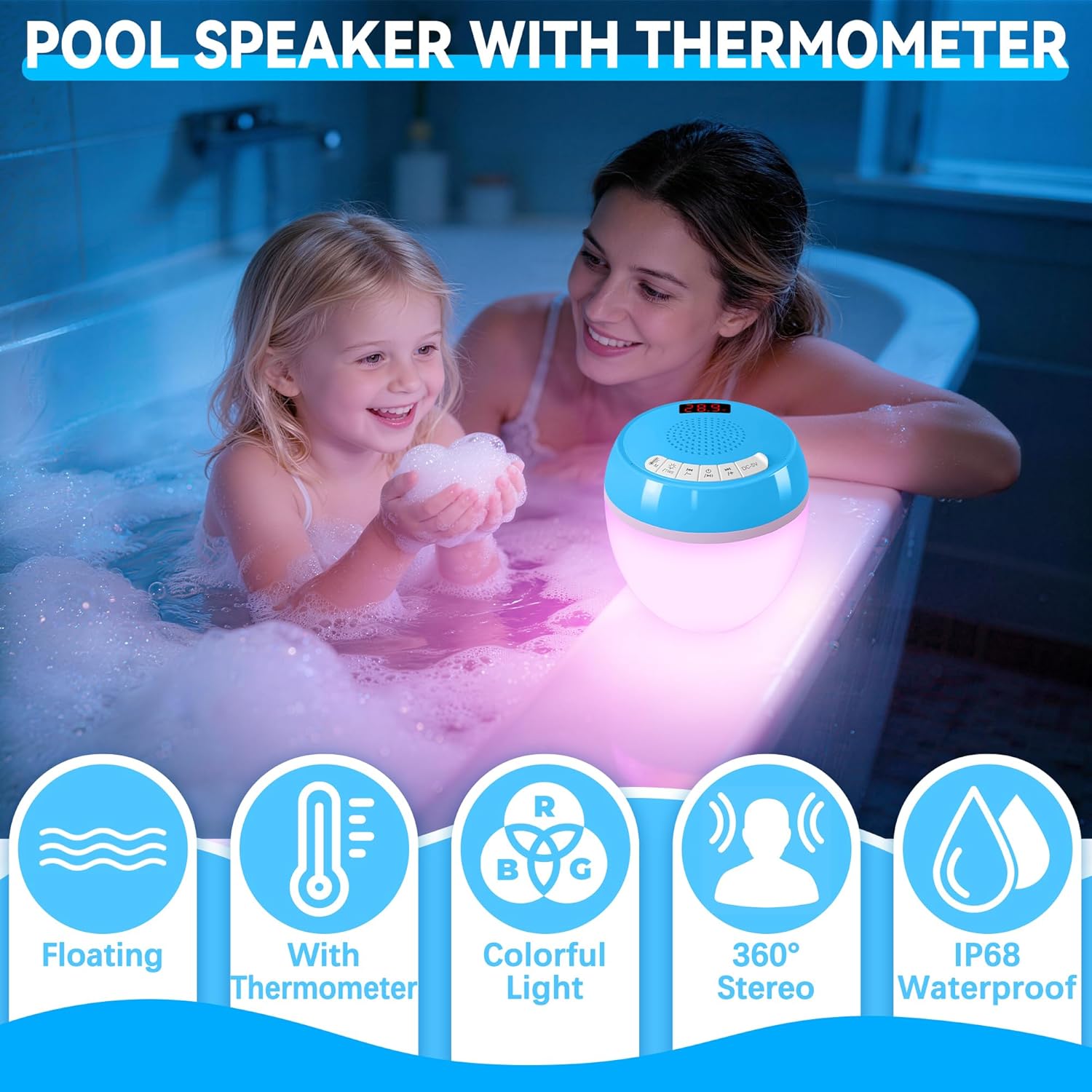 Thumbnail 6 de AearKing 3 en 1 Enceinte Bluetooth Piscine: Thermomètre Numérique, Lumière Ambiance et Son Stéréo IP68