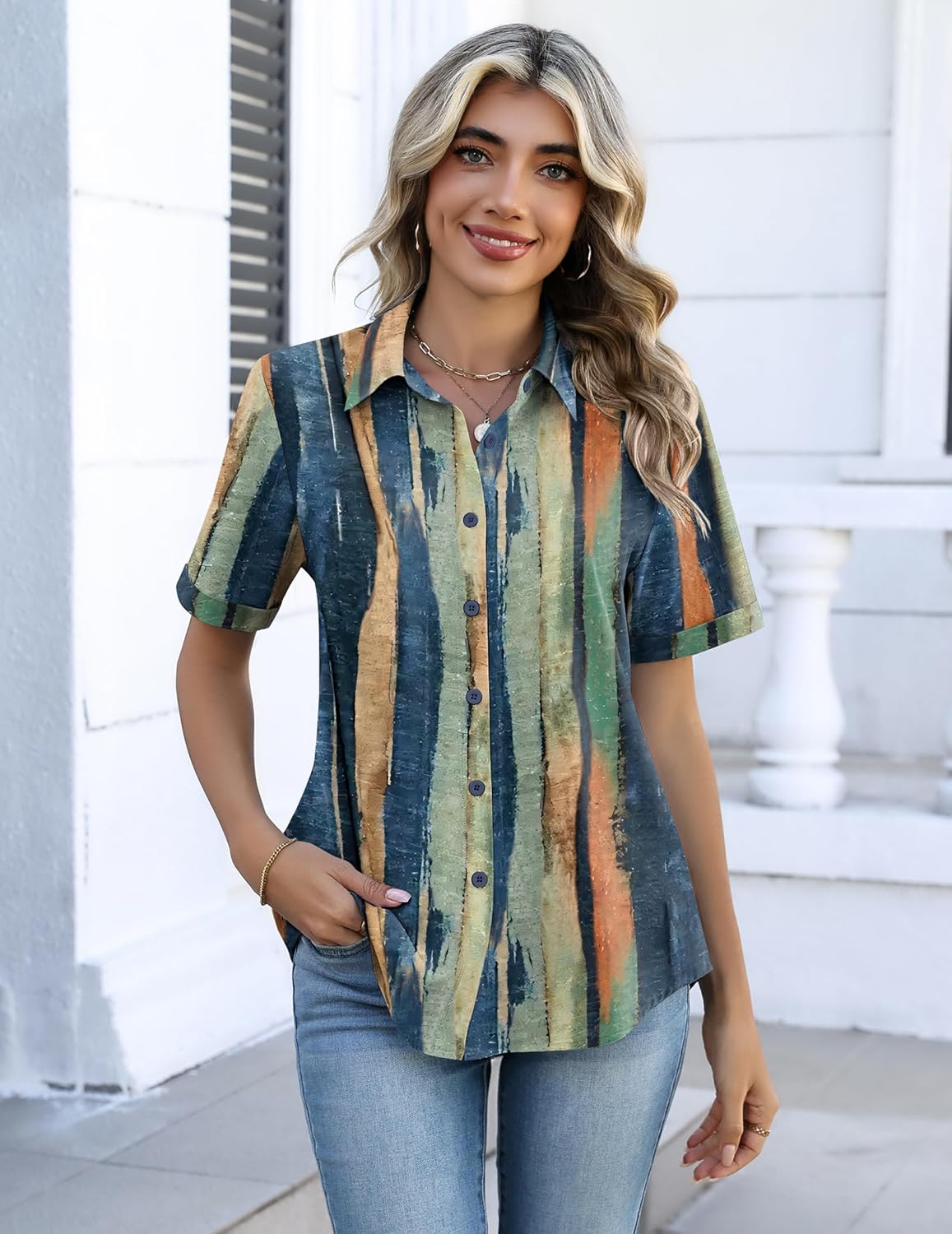 Thumbnail 4 de Zeagoo Button Down Short Sleeve Shirt V Neck