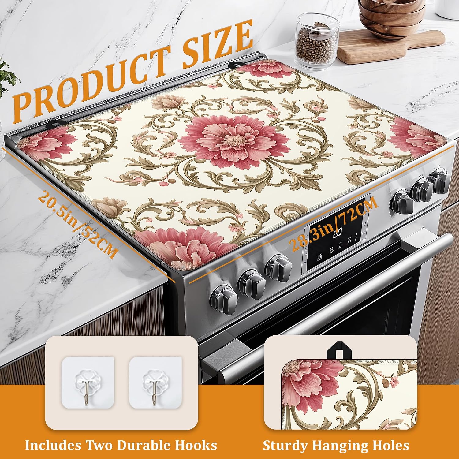 Detalle 2 de YIKTI Vintage Floral Stove Top Cover, 28 x 20-Inch Washable Mat