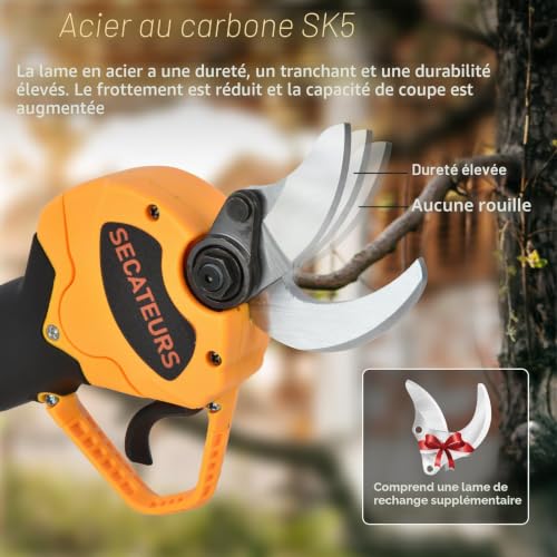 Detalle 2 de Sécateur Électrique Sans Fil 40 mm Vothen – Professionnel, 21V/2x2,0Ah, Jaune