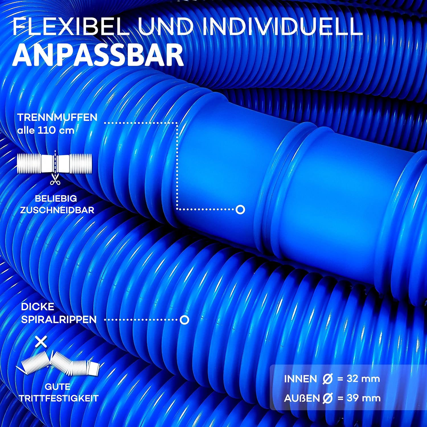 Detalle de tillvex zwembadslang 6 m, Ø 32 mm, blauw, met geïntegreerde moffen